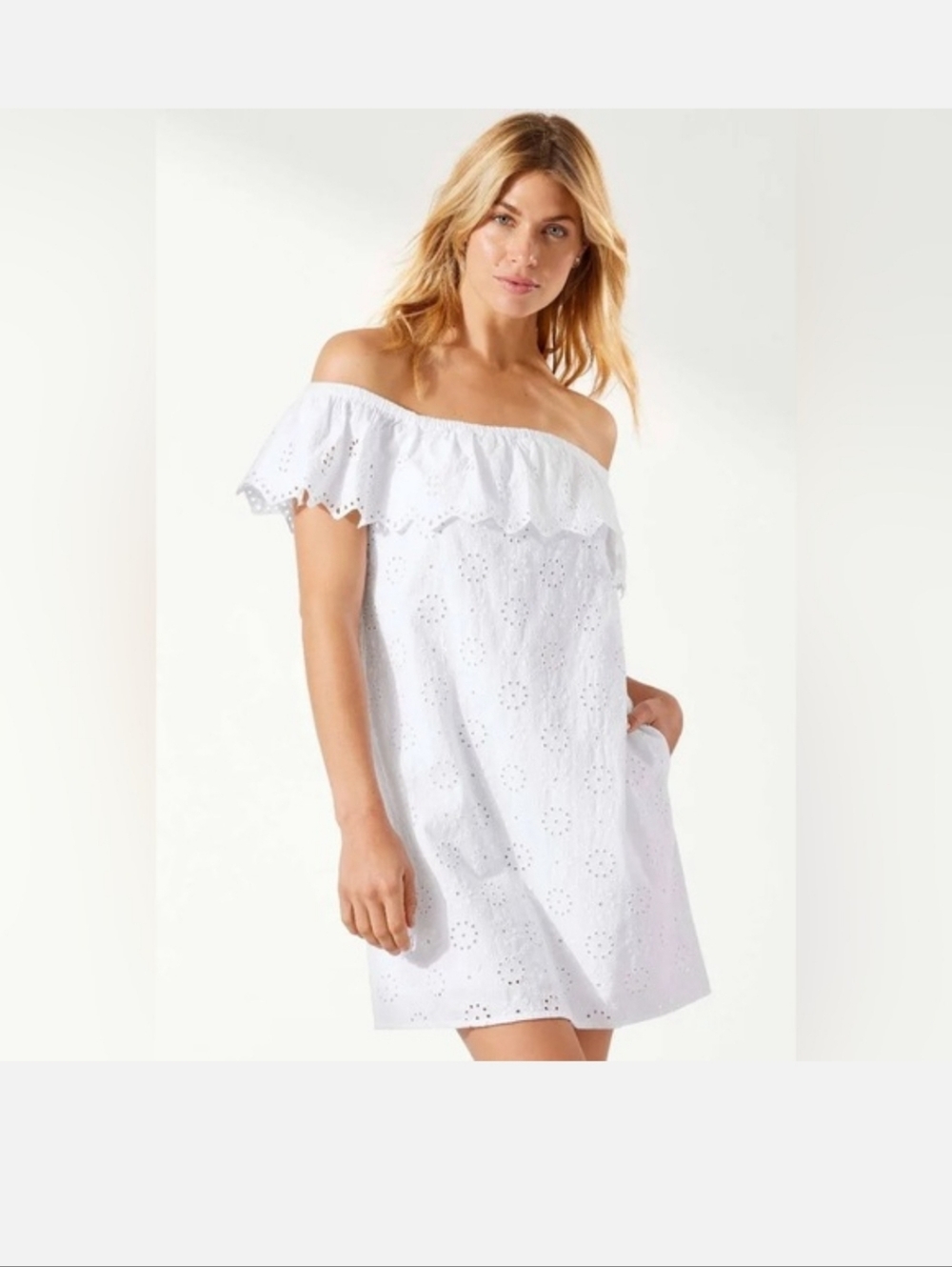 Tommy Bahama White Cotton Off-Shoulder Eyelet Mini Dress